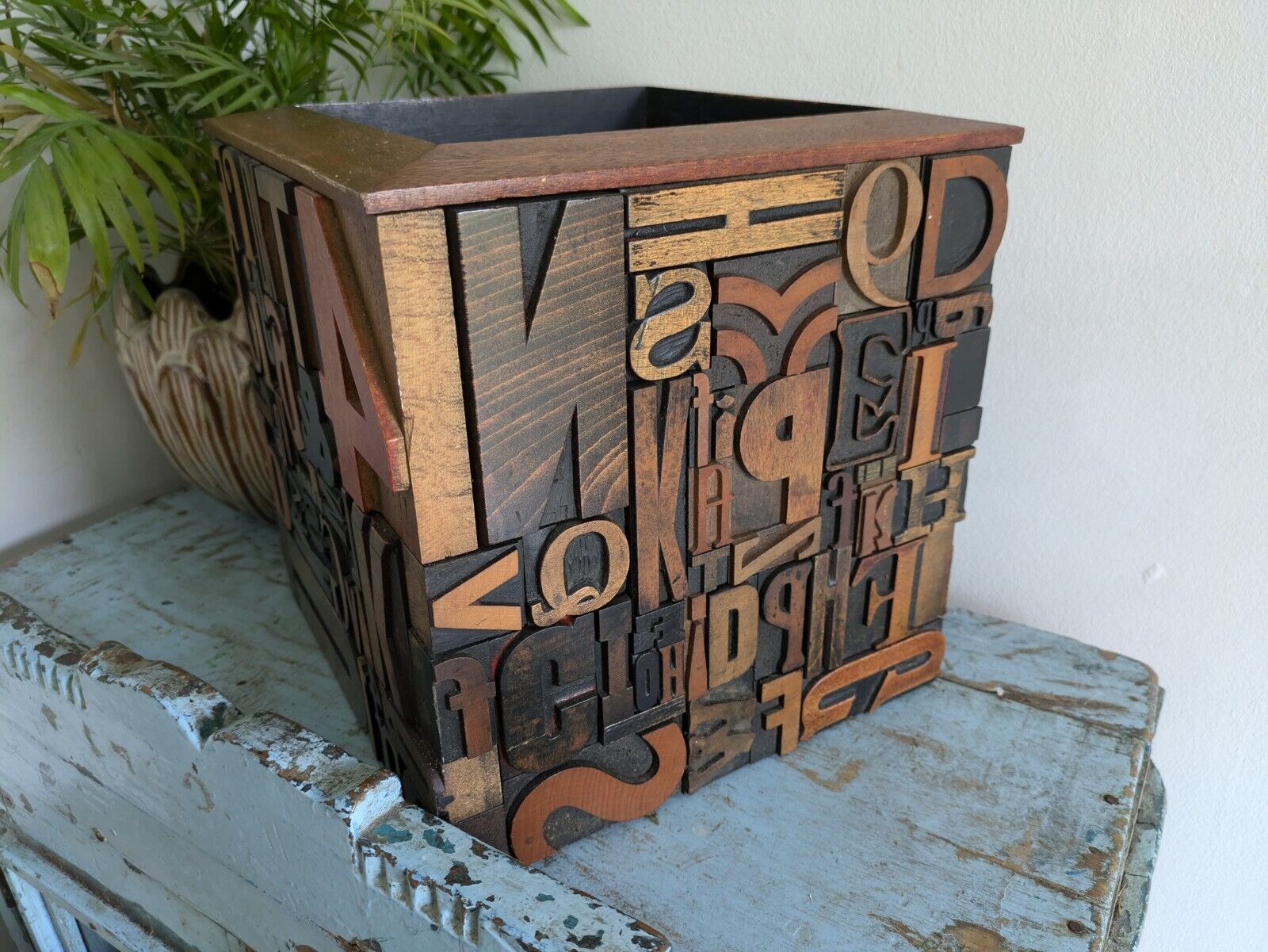 Large Vintage Antique letterpress wooden Printing Blocks Mosaic Planter Pot Bin 