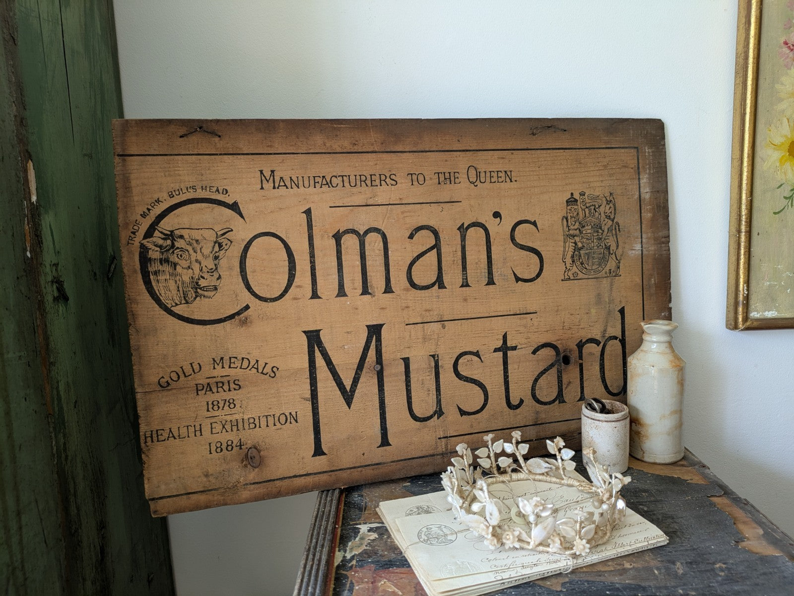 Antique Sign Colman's Mustard Wooden Crate Lid Original Advertising Wall Branded
