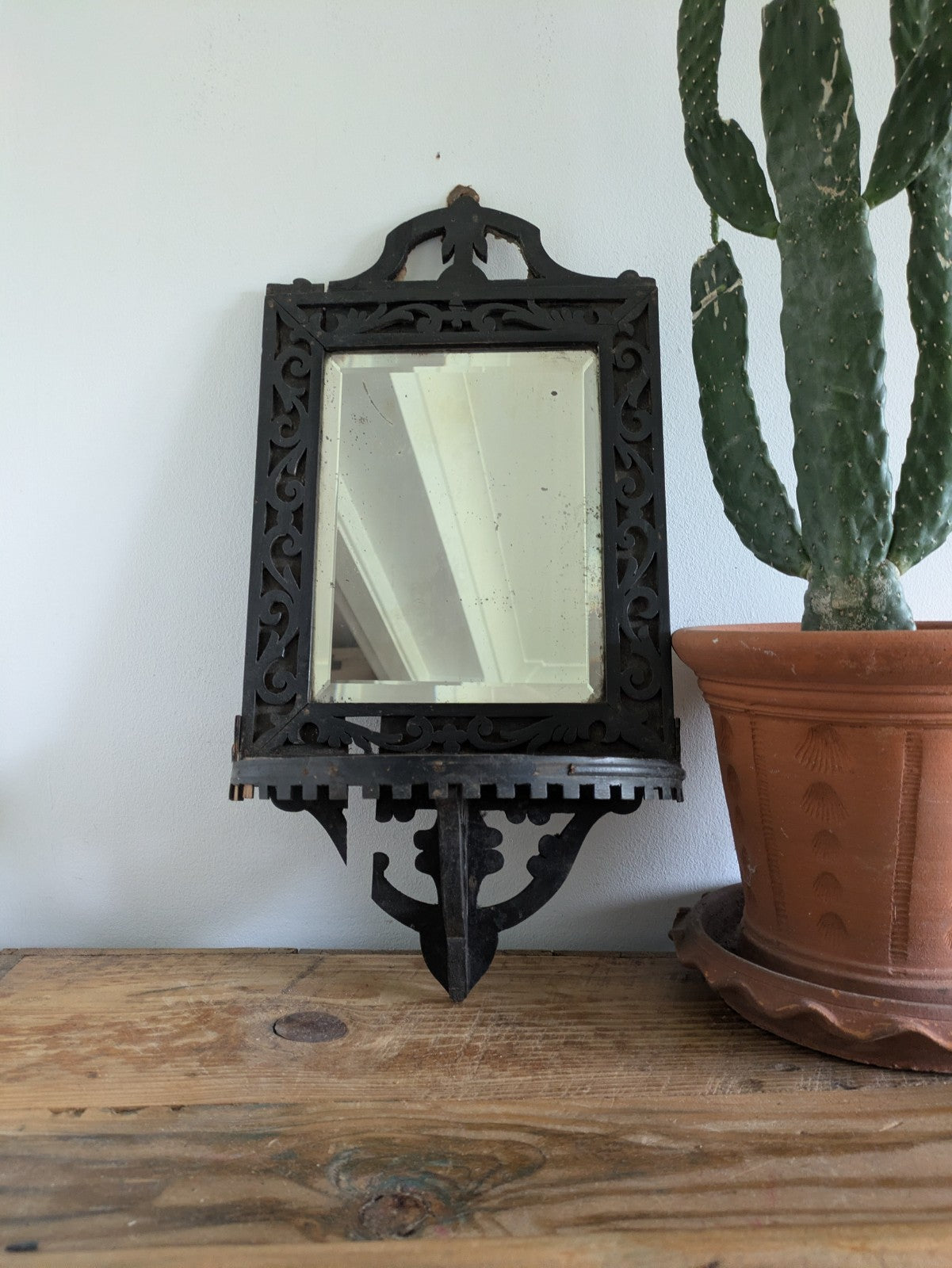 Antique 19th Cent Victorian Ebonised Wood Wall Sconce Mirror Glass Candle Shelf