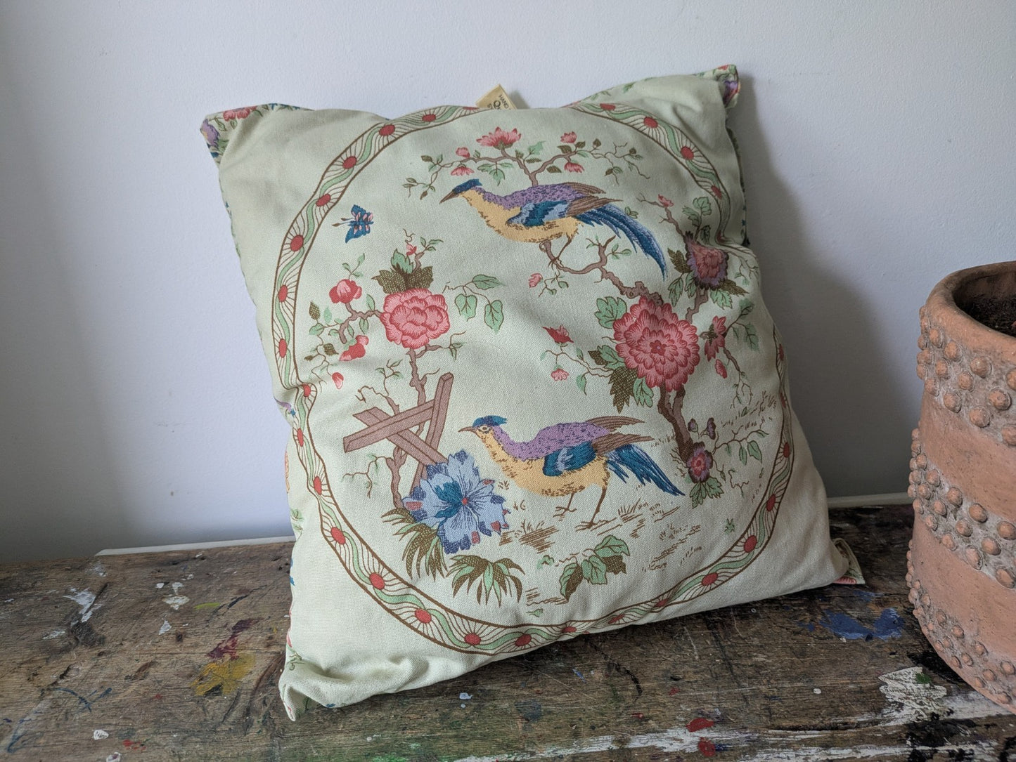 Pretty Cushion Cover Filled Vintage Quaintree Exotic Bird Fabric Handmade Vgc 
