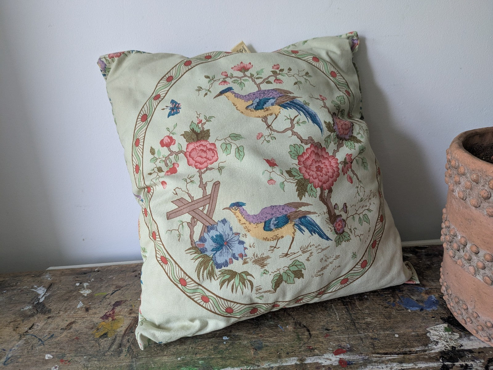 Pretty Cushion Cover Filled Vintage Quaintree Exotic Bird Fabric Handmade Vgc 