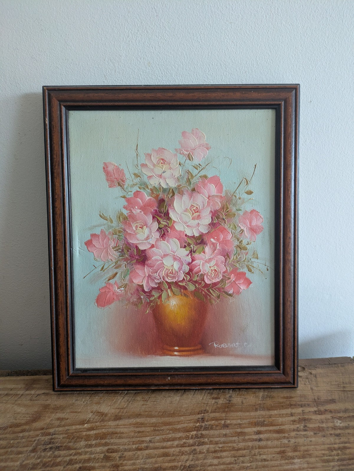 Vintage Framed Floral Oil Paintng Signed Robert Cox Pink Rose Canvas Frame Wood