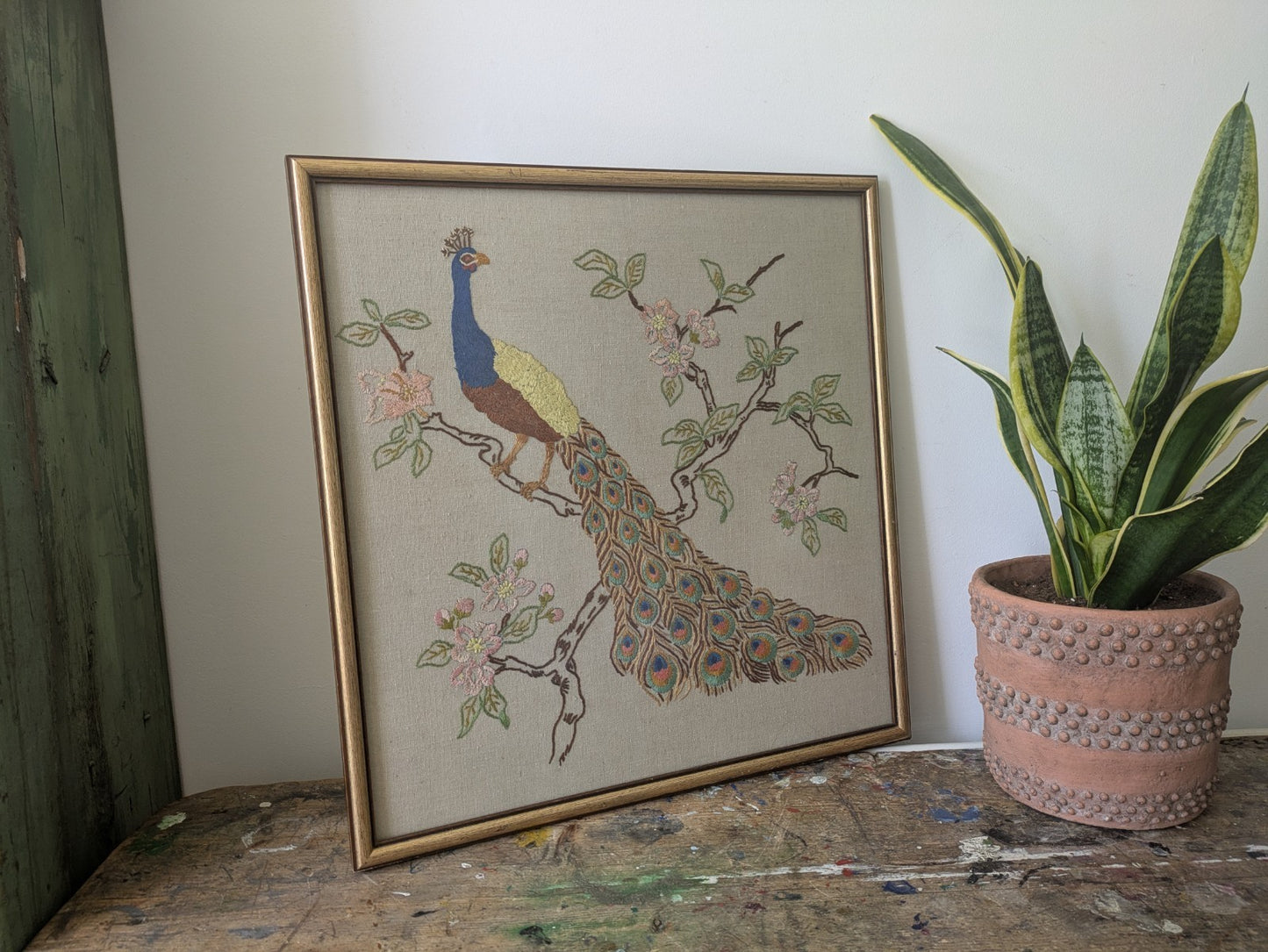 MID CENTURY FRAMED EMBROIDERY PEACOCK ON BRANCH PINK FLOWER LARGE VINTAGE RETRO