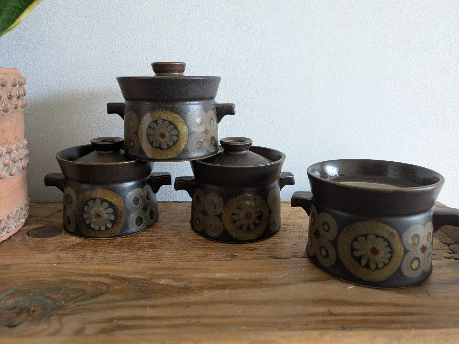 4 vintage 1960s DENBY Arabesque Gill Pemberton Small Lidded Soup Bowls 3 Lids 