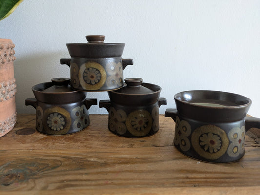 4 vintage 1960s DENBY Arabesque Gill Pemberton Small Lidded Soup Bowls 3 Lids 