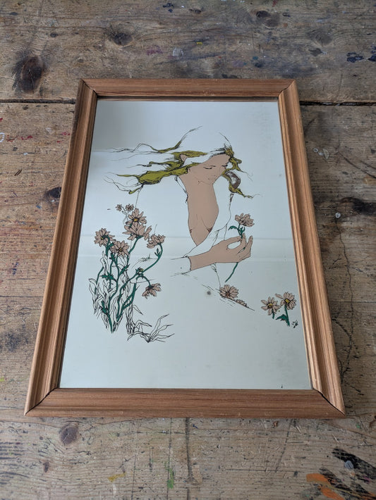 70s Art Mirror Vintage Susan Obrant She Loves Me Art Nouveau Style Retro Rare