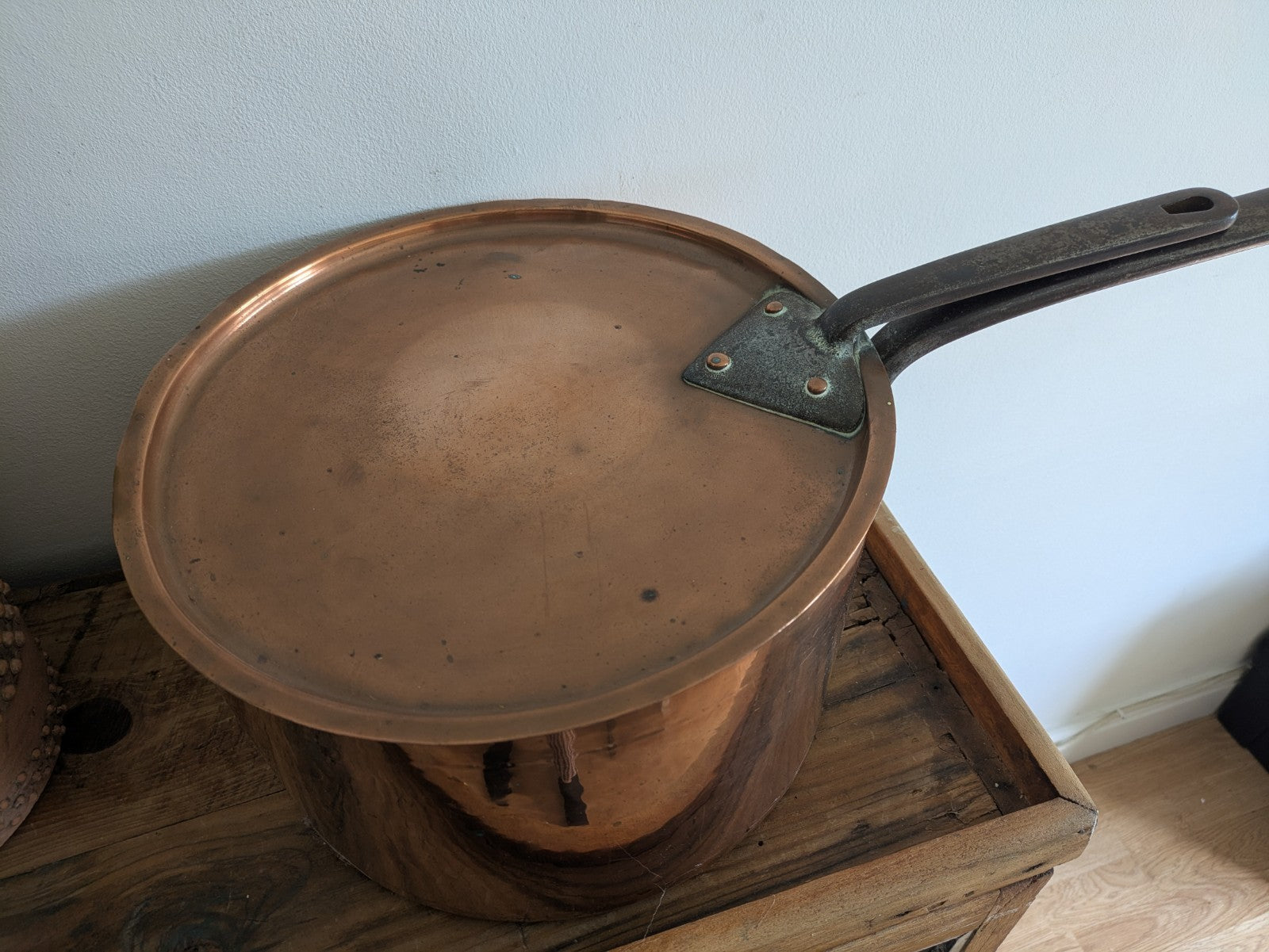 X Large Antique Georgian Copper Sauce Pan 6.9kg 32D 18.7H XL Huge Chef Cooking