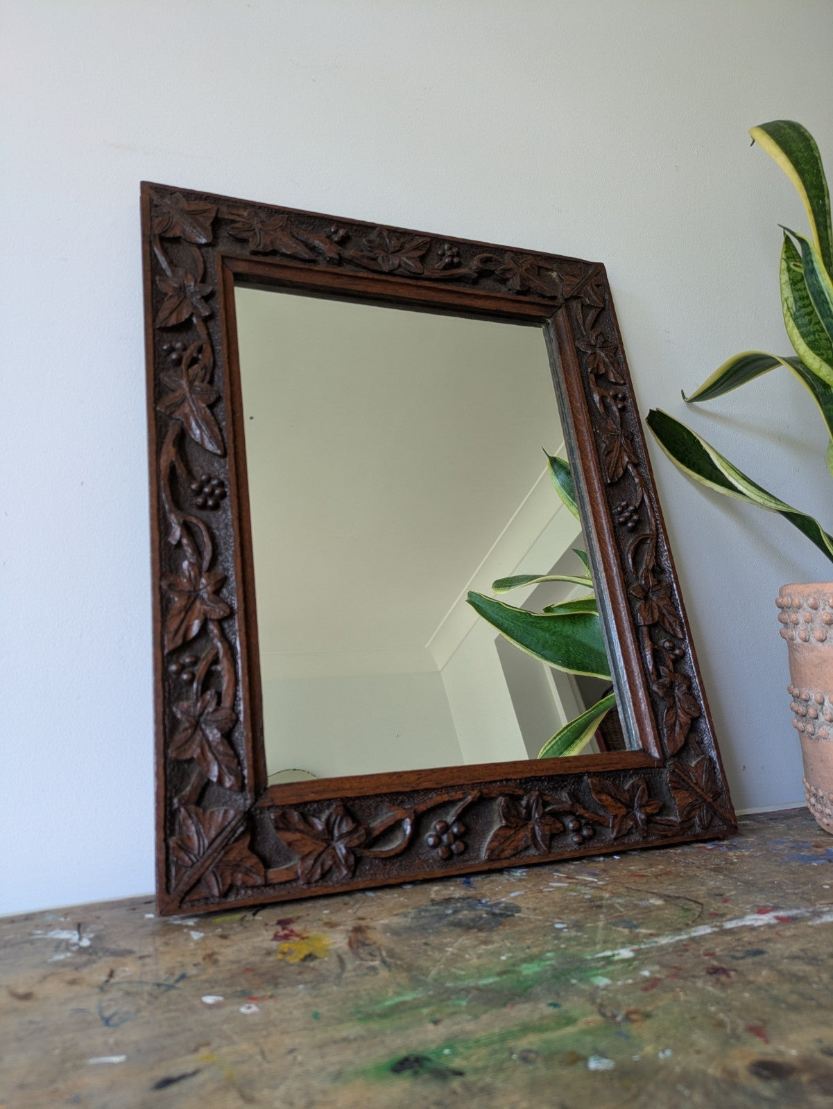 C1890 Victorian Rectangular Mirror Antique Oak Hand Carved Frame Berries Leaves