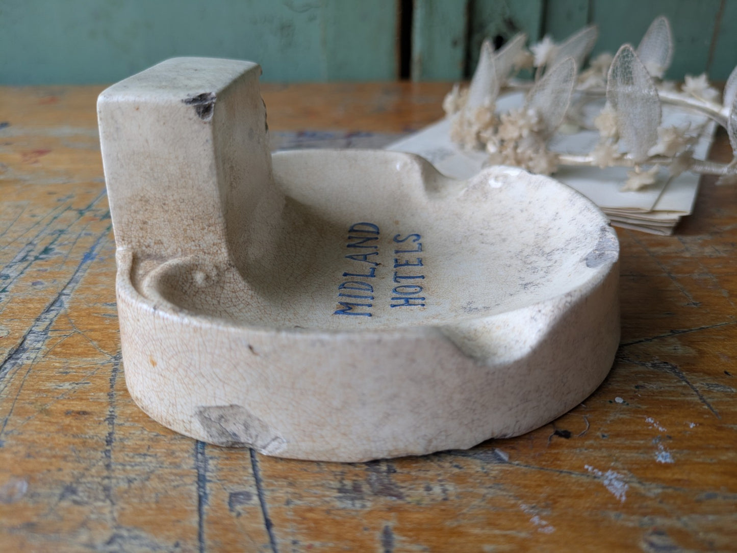 Antique Midland Hotels Ironstone Match Striker Ashtray Crazed Advertising Rare 