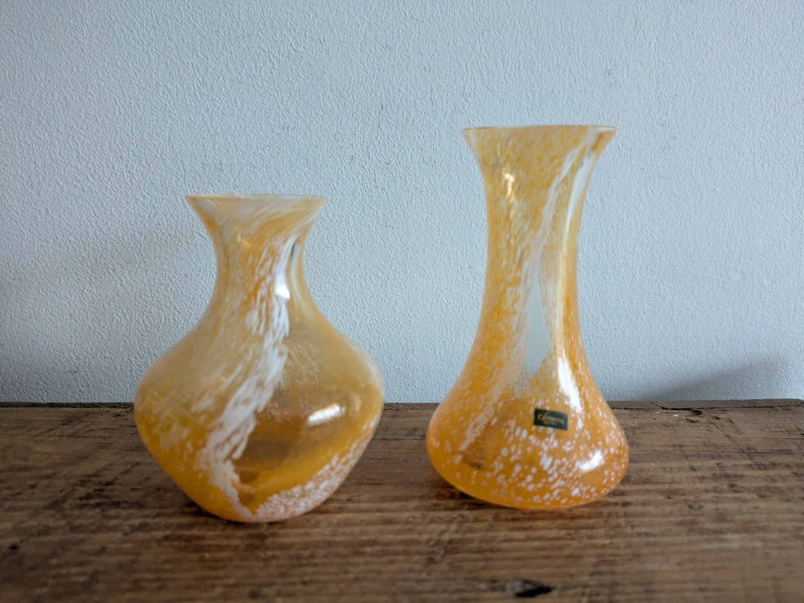 2x Handcrafted Yellow Orange Swirl Glass Vase Caithness Scotland Confetti Swirl