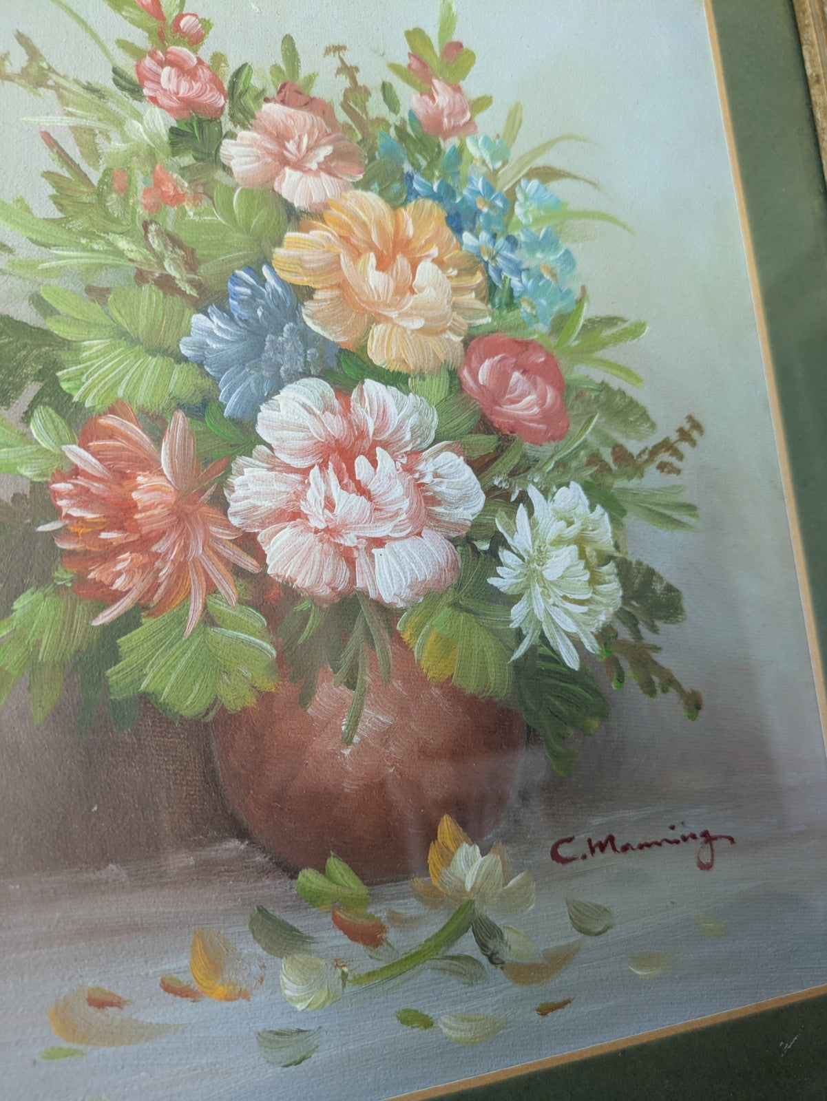Original Oil Painting on Board C. Manning Bouquet Floral Roses Vase Flowers Vgc