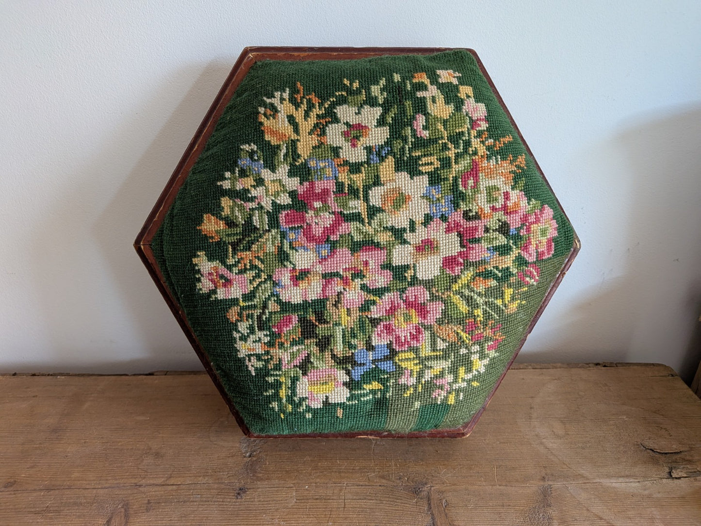 Vintage Hexagonal Footstool Embroidered Needlepoint Wood Floral Tapestry Stool