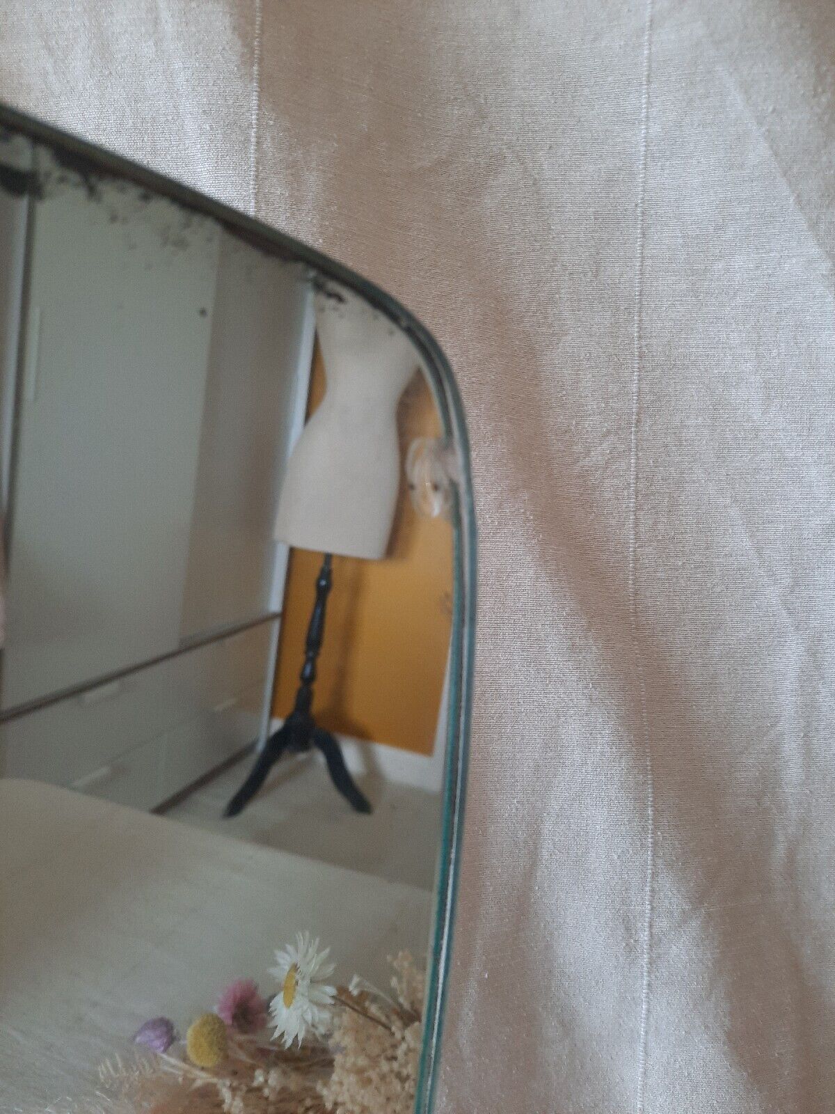 Vintage Vanity Mirror Metal Chippy Table Top Asymmetric old Retro Midcentury 