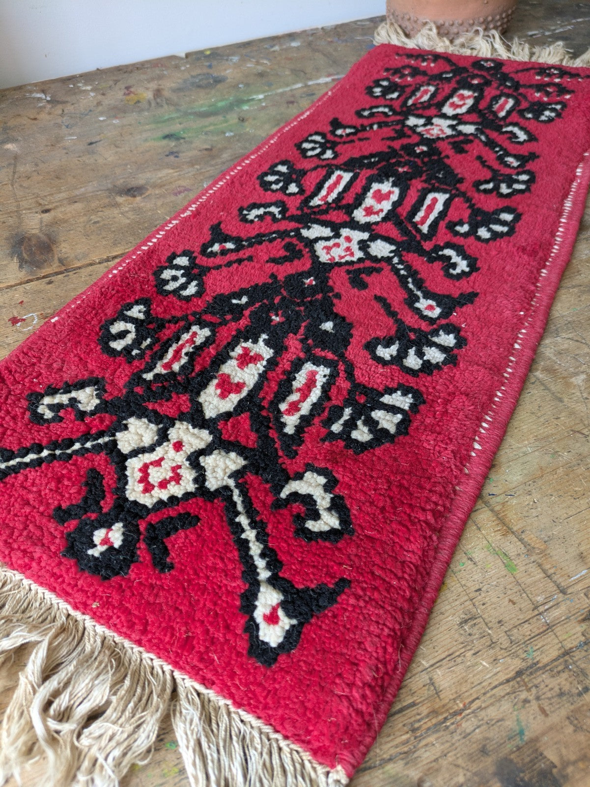Vintage Fireside Small Rug Runner Geometric Ethnic Red Woven Vgc Tassels Bedside