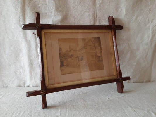 Antique Tramp Art Frame photo inset wooden rare 19th century oak copper finials