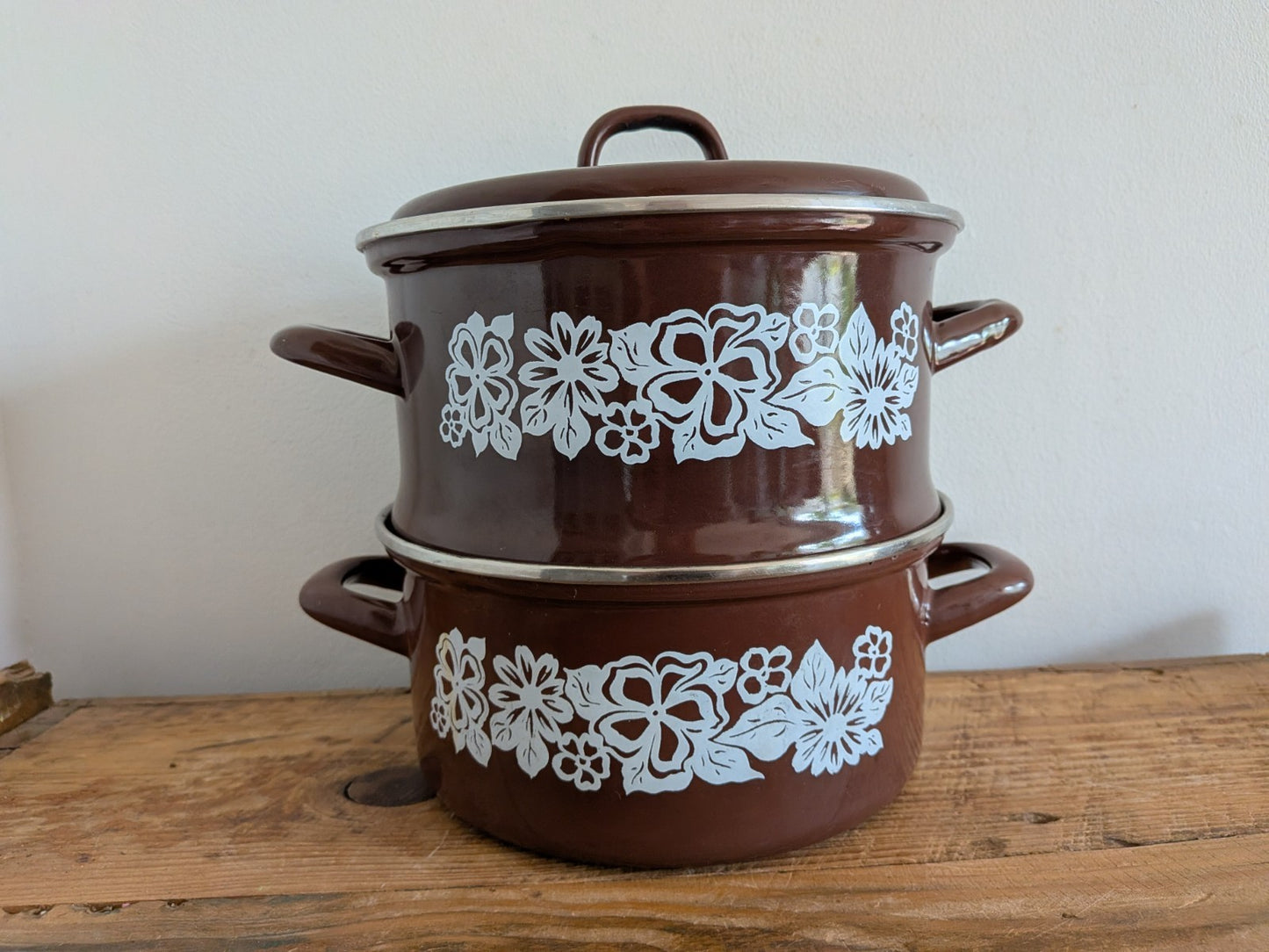 1970's Retro/Vintage Brown Enamel 2 Tier Steamer Stack Cooking Pan/Pot Set Pasta