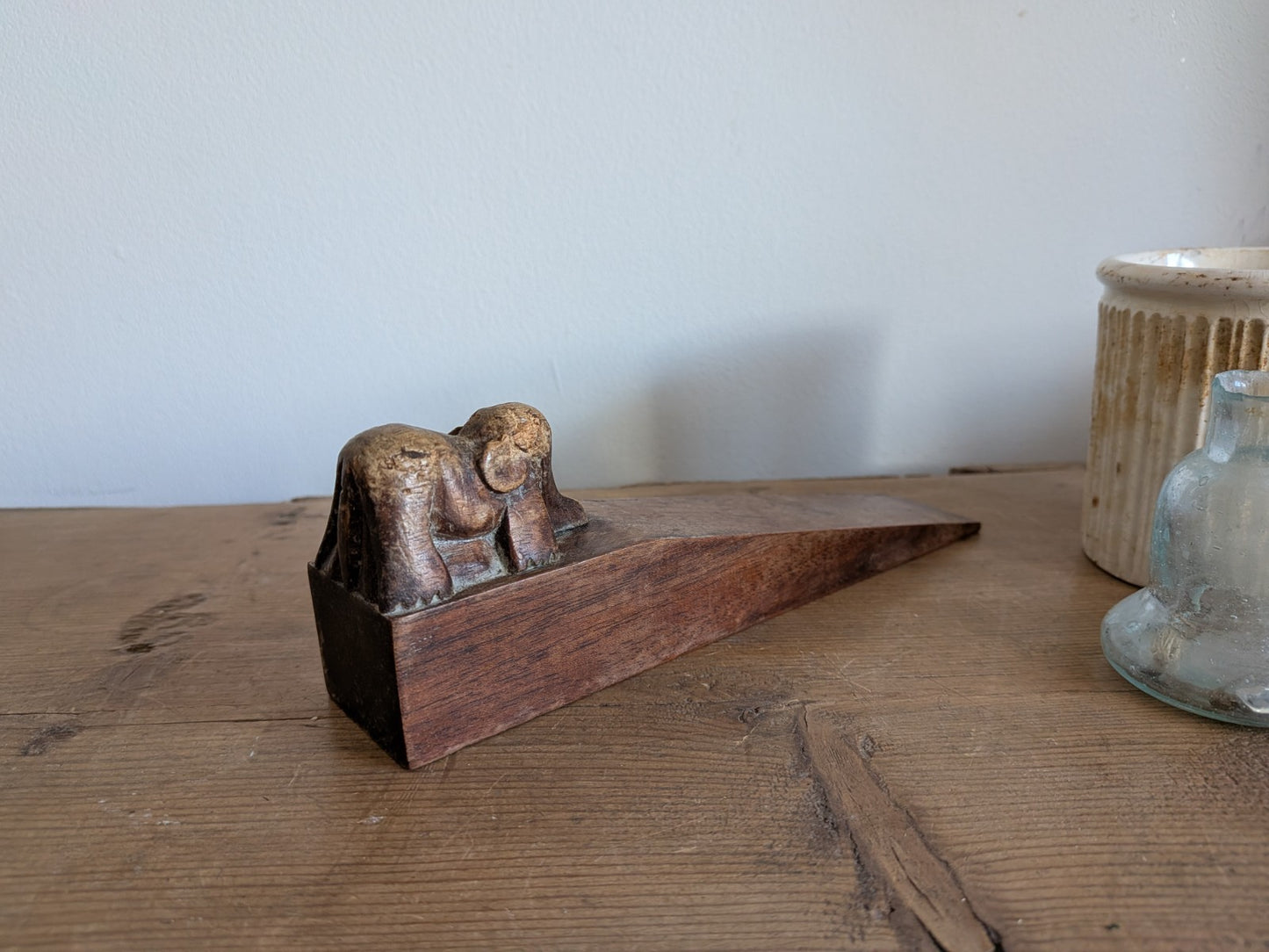 Antique Carved Rare Doorstop Primitive Wood Wedge Elephant Indian Folk Art Vtg