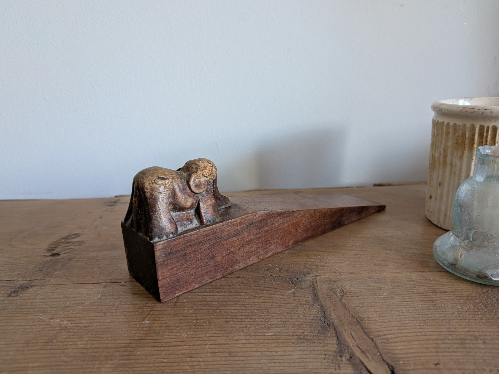 Antique Carved Rare Doorstop Primitive Wood Wedge Elephant Indian Folk Art Vtg
