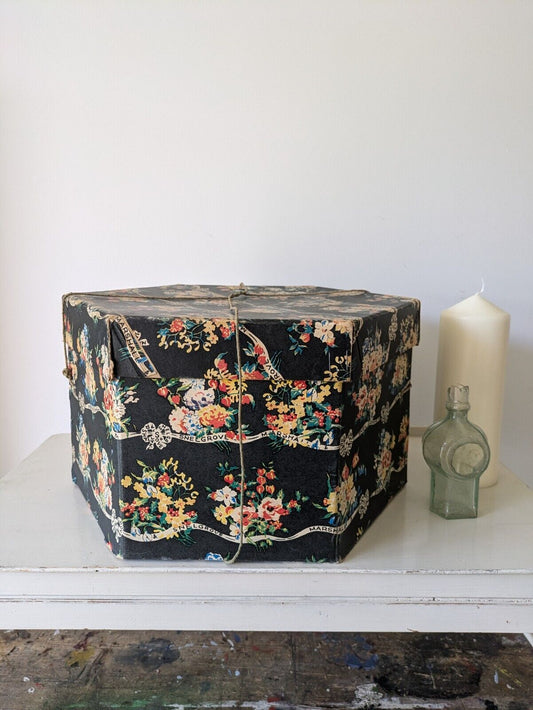 Marshall and Snelgrove vintage large hat box 1950's Hexagonal Floral Storage Vgc