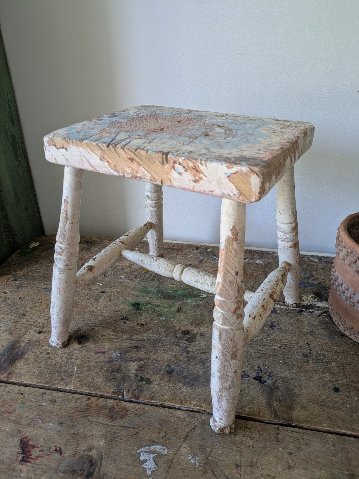 Victorian Antique Foot Stool Chippy Paint original seat chair Vtg Milking Step