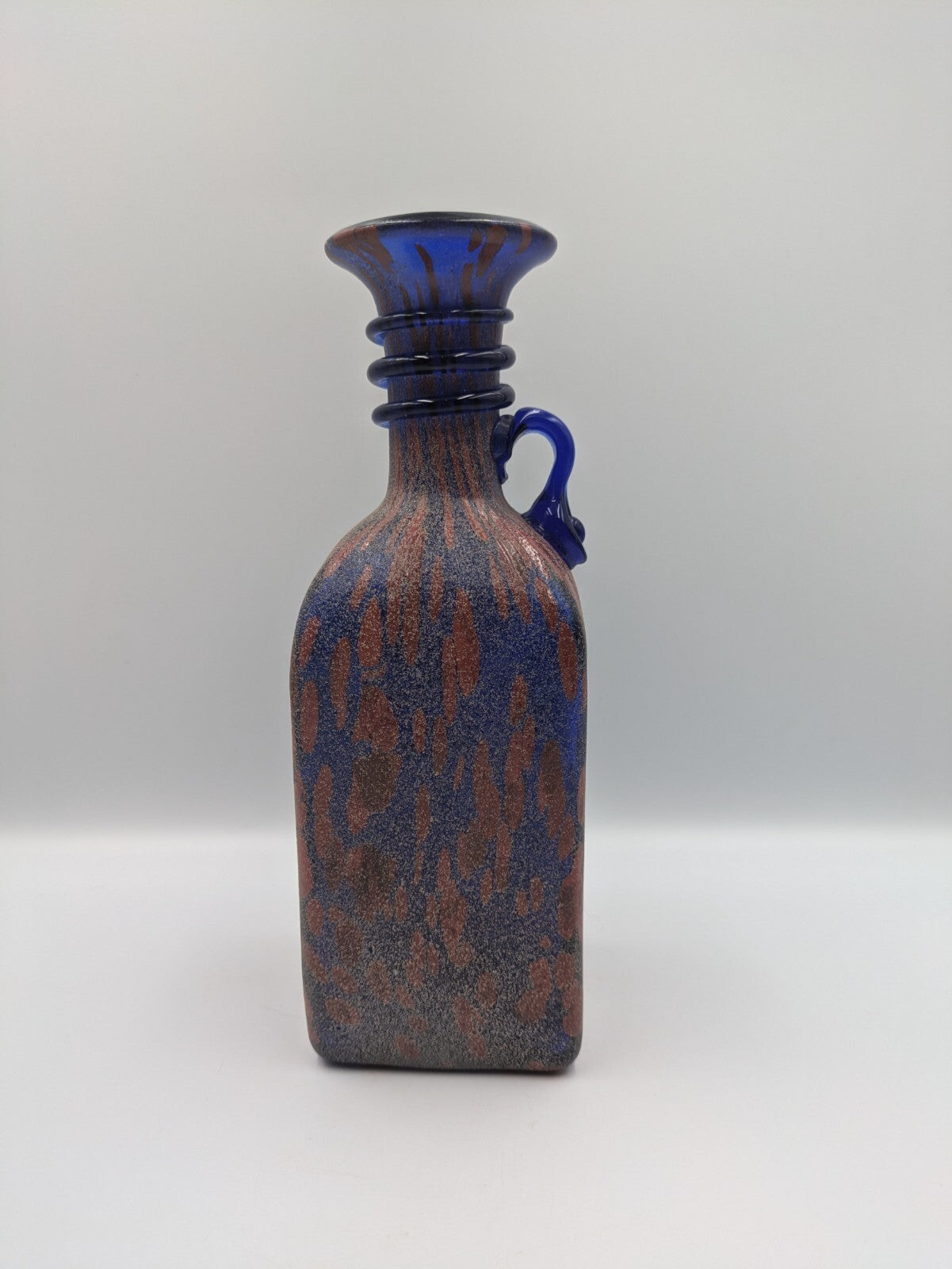 Vtg Cenedese Style SCAVO Art Glass VASE JUG w Blue Strapped Neck Applied Handle