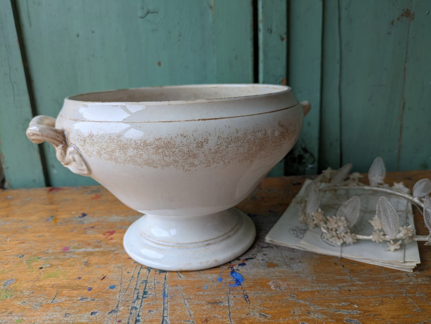 Antique French Faience Soup Tureen/ Soupiere Opaque De Sarreguemines Crazed Rare