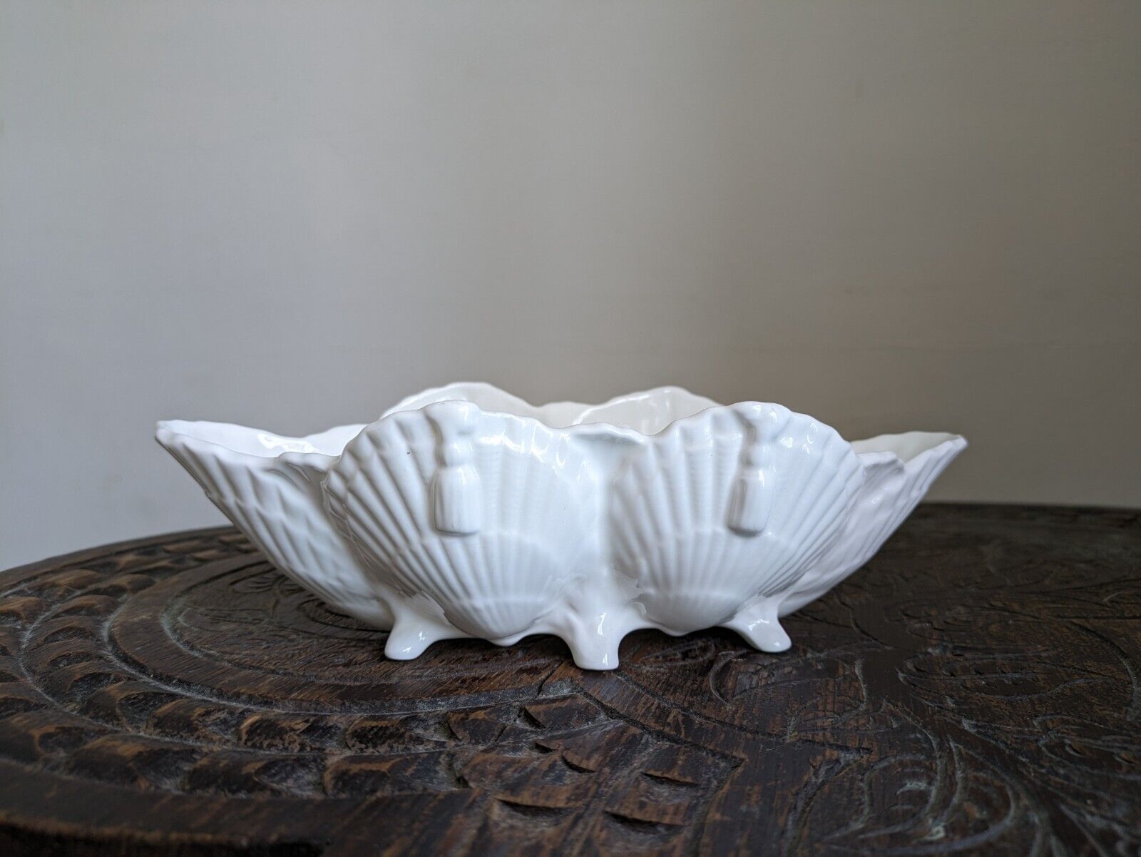 Antique Victorian Porcelain Shell Shaped Six Footed Candy Dish Tassels Vgc Bowl
