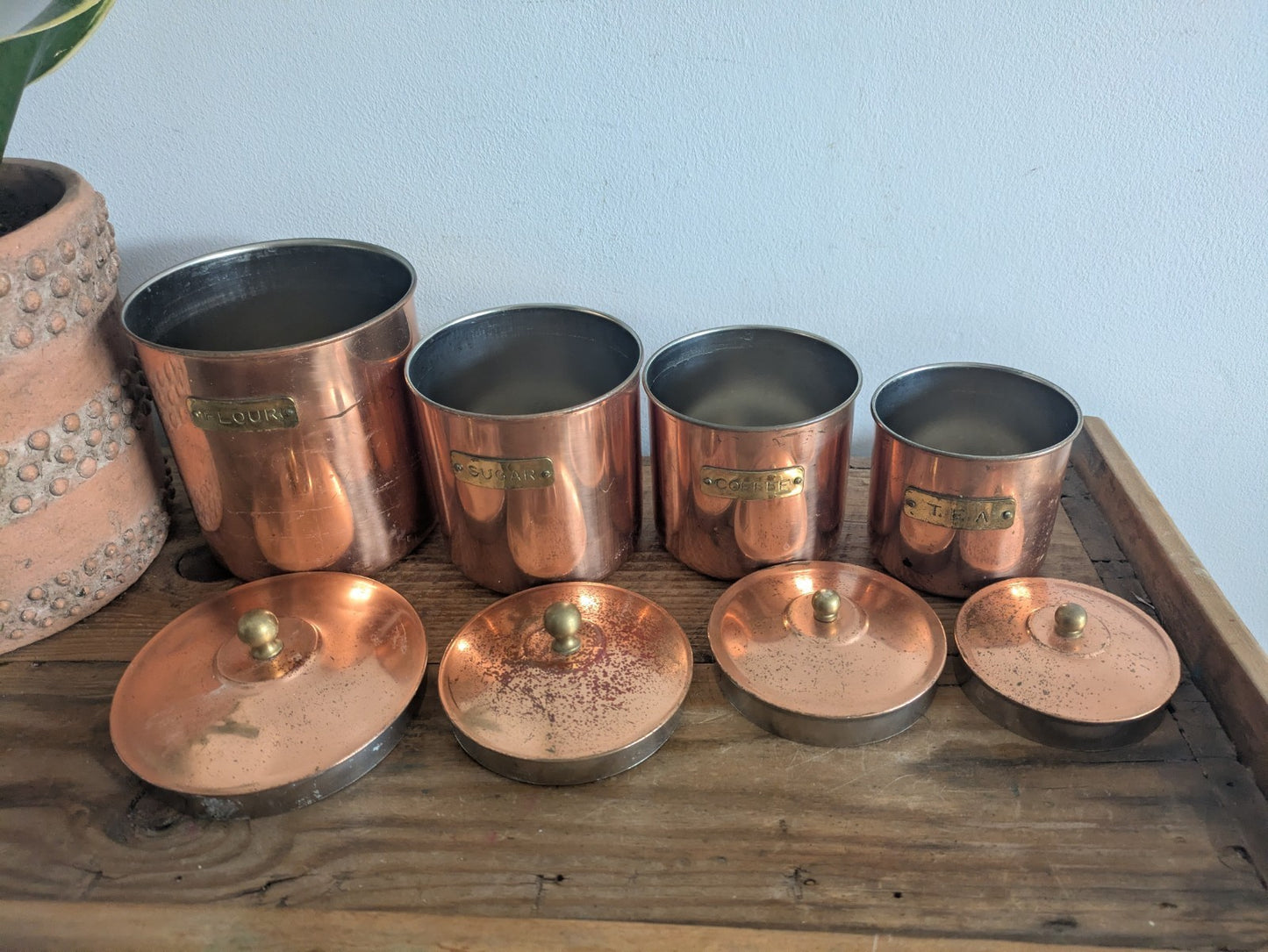 Vtg Copper 4 Nesting Kitchen Canisters MCM Farmhouse Flour Tea Coffee Sugar Prop