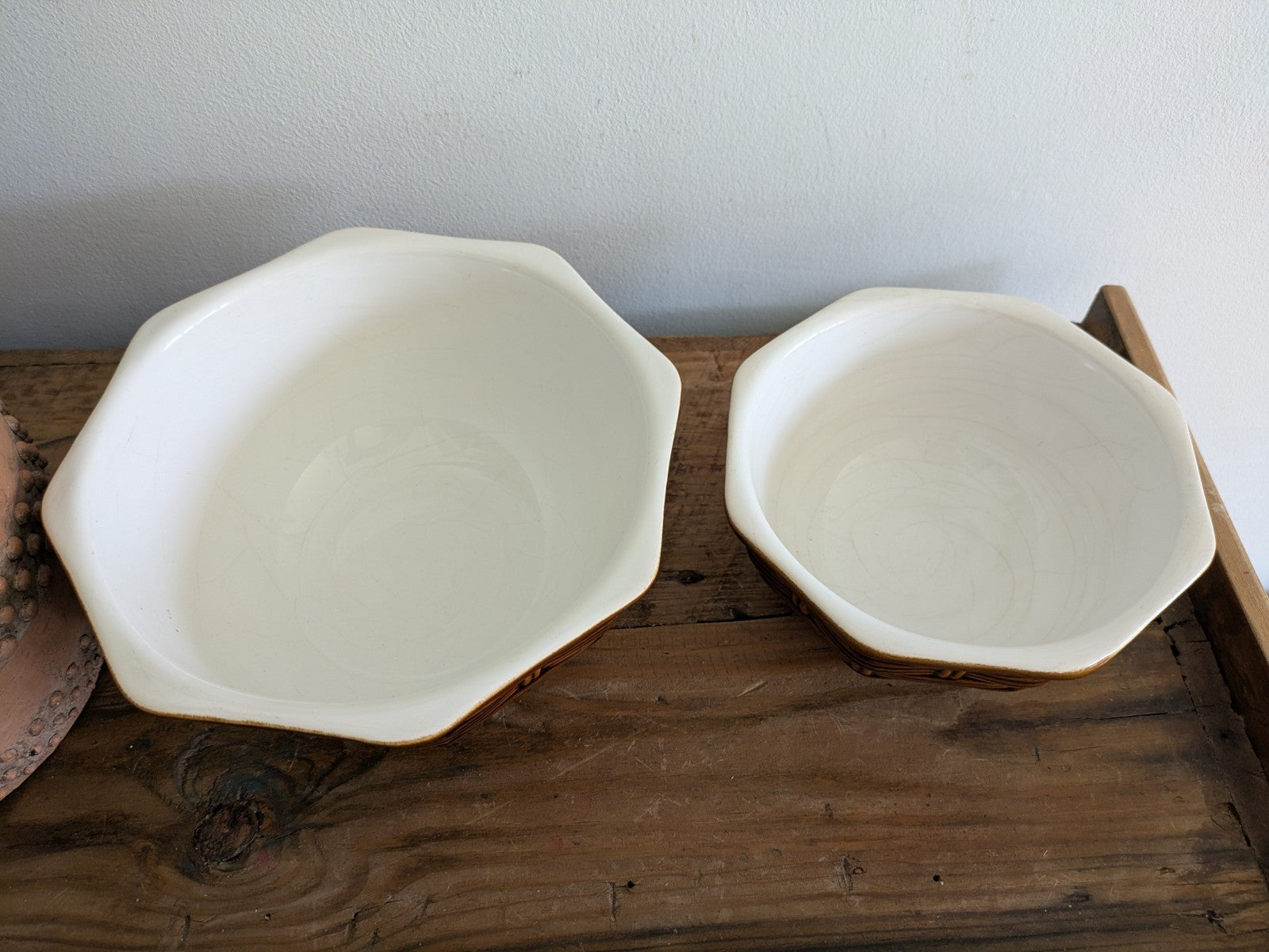 2x Caldas De Rainha 40s Brown Basket Weave Mixing Bowls Secla Portugal VTG Pair 