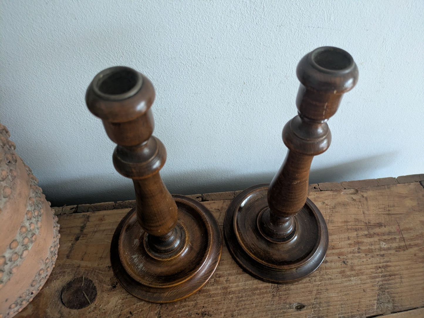 Vintage Antique Wood Candlestick Holders Pair Hand Turned Candle Victorian 24cmH