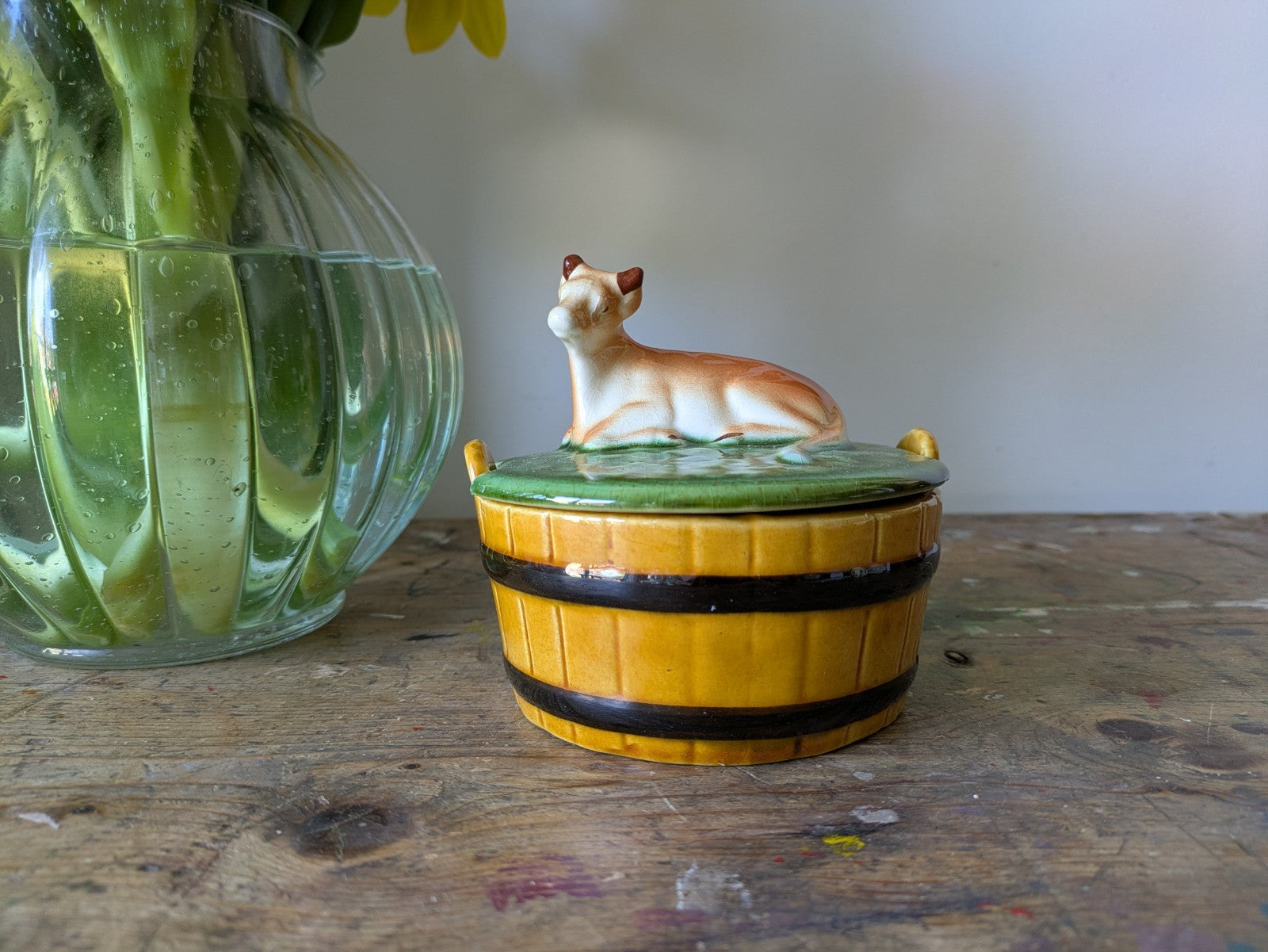 Vintage Secla Pottery Majolica Lidded Butter Dish - cow on a barrel Pot Cheese