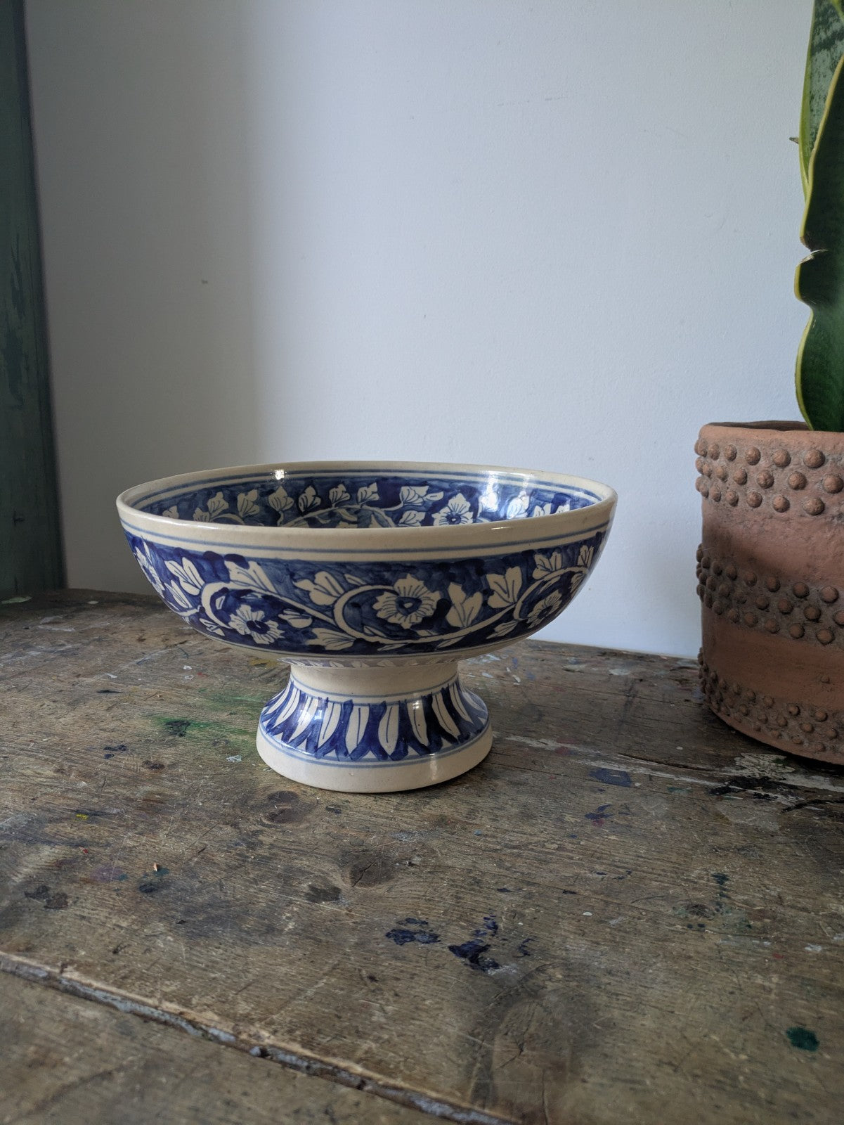Asian Blue and White Ceramic Fruit Bowl Serving Dish Footed Raised Pedestal Vtg