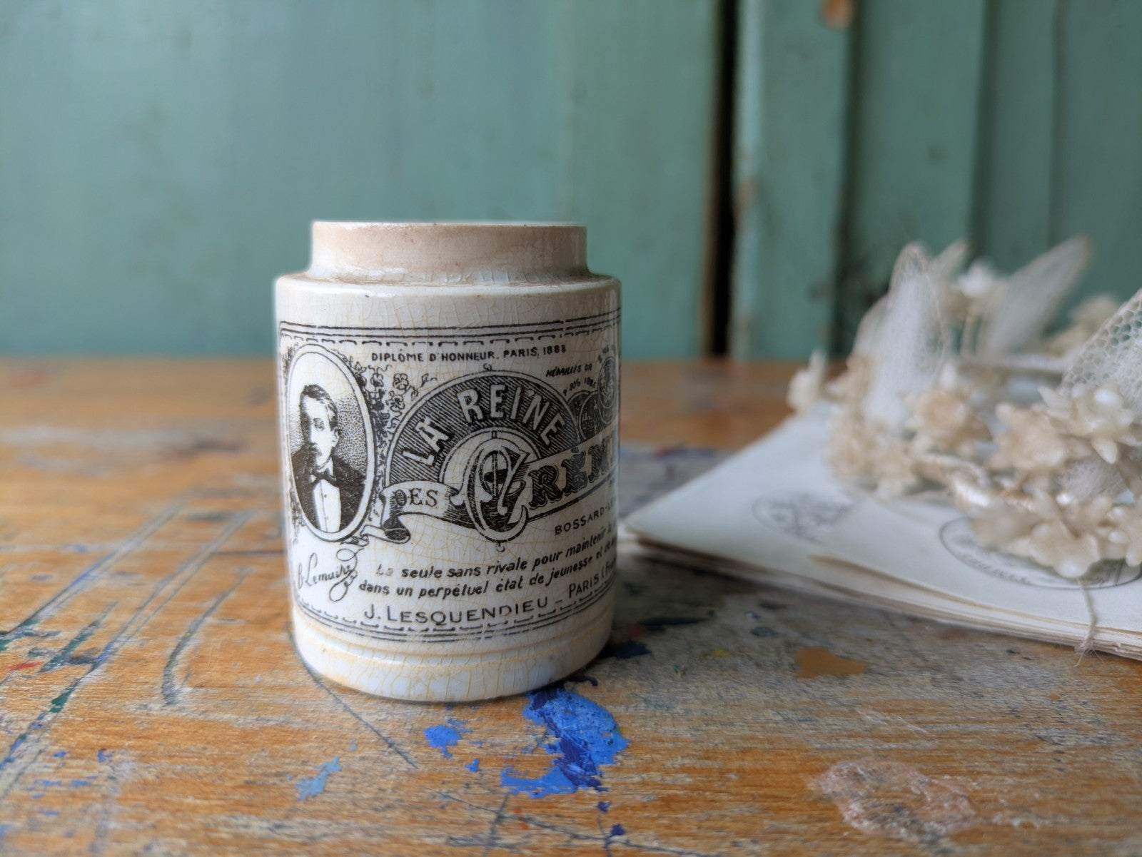 French Vintage Antique Printed Ironstone Ointment Pot Lid Cream Jar La Reine 