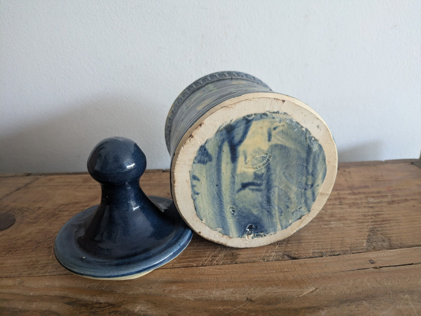 French Saint Jorioz La Poterie d'Annecy Hand Painted Butter Dish Pot Blue Lidded