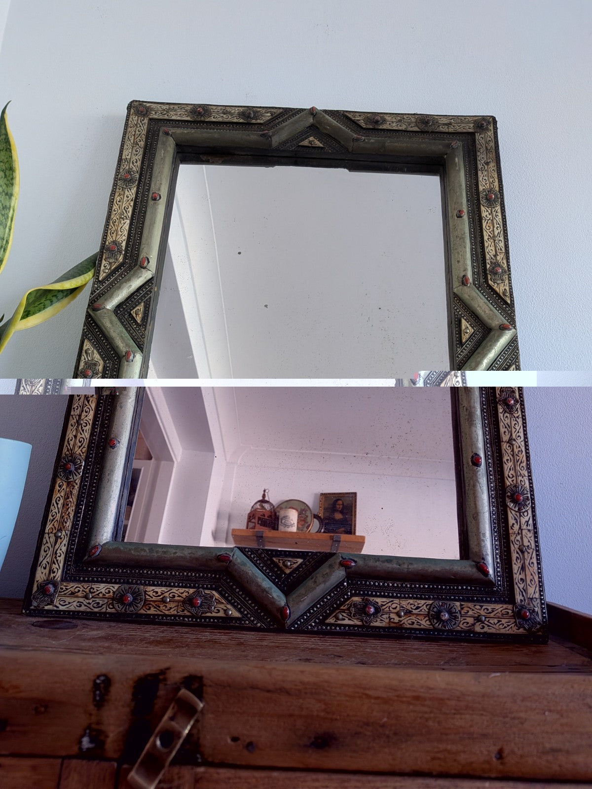 Vintage Ancient Handmade Moroccan Wall Mirror Brass Bone Camel Inlaid Mosaic XL 