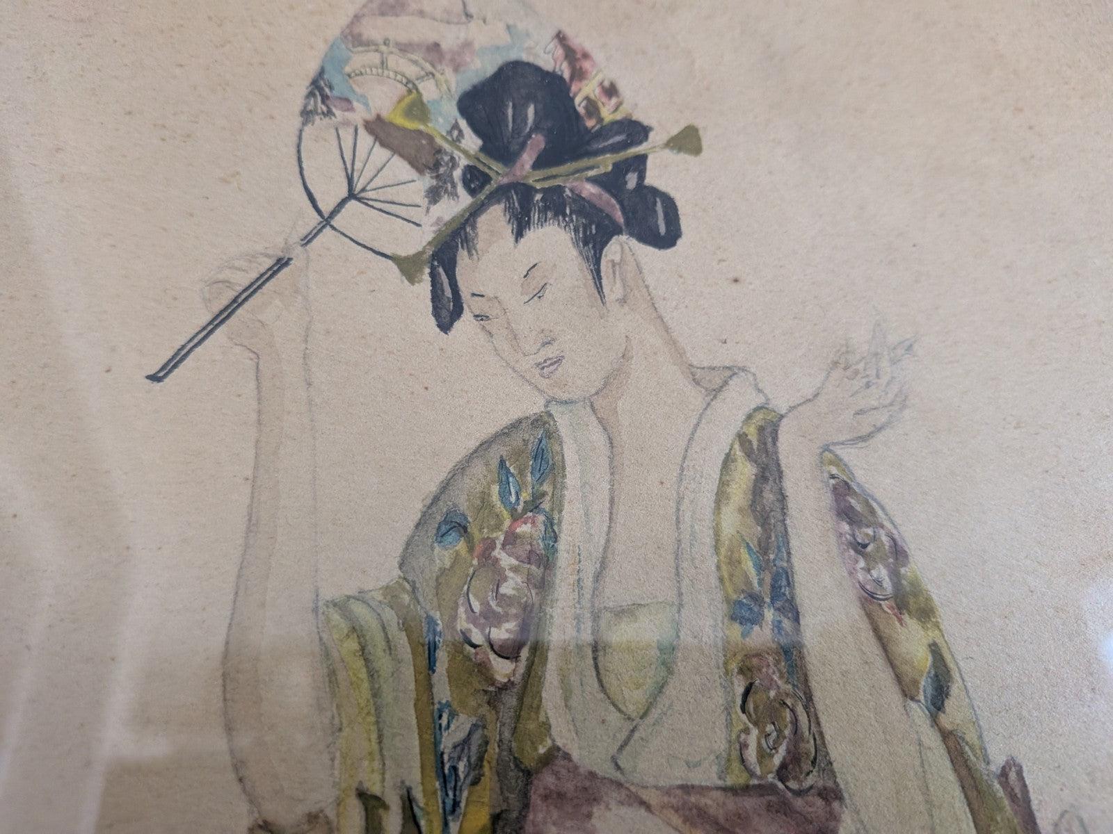 Original Fashion Design Drawing Painting 1920's Signed Hinchliffe Oriental Asian