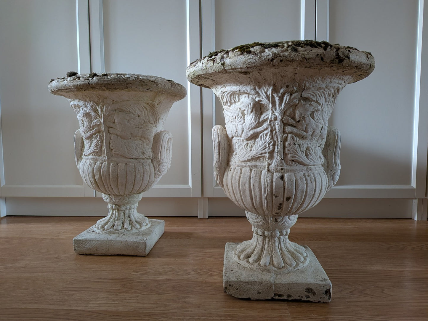 Pair Reclaimed Classical Medici Garden Urn Planter Cast Stone Handles Weathered