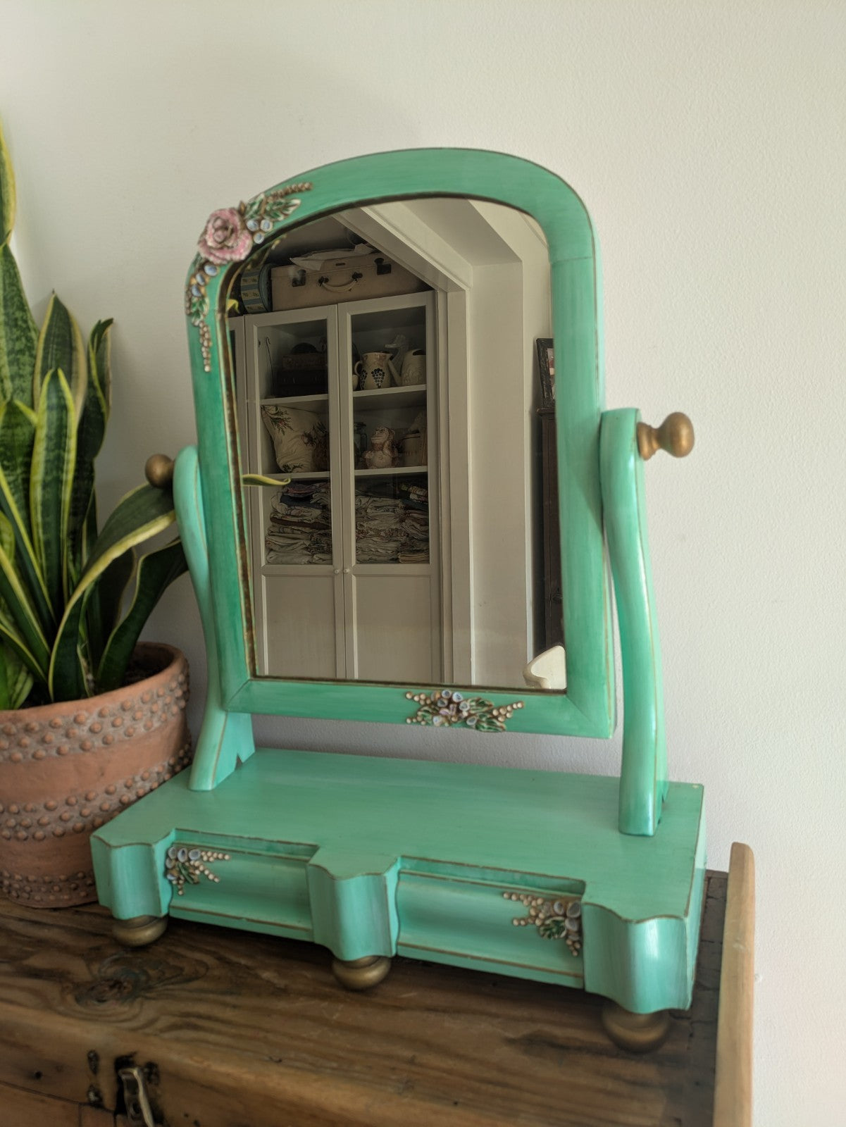 Antique Victorian Edwardian Wood Table Vanity Mirror Drawers Turquoise Floral Vg