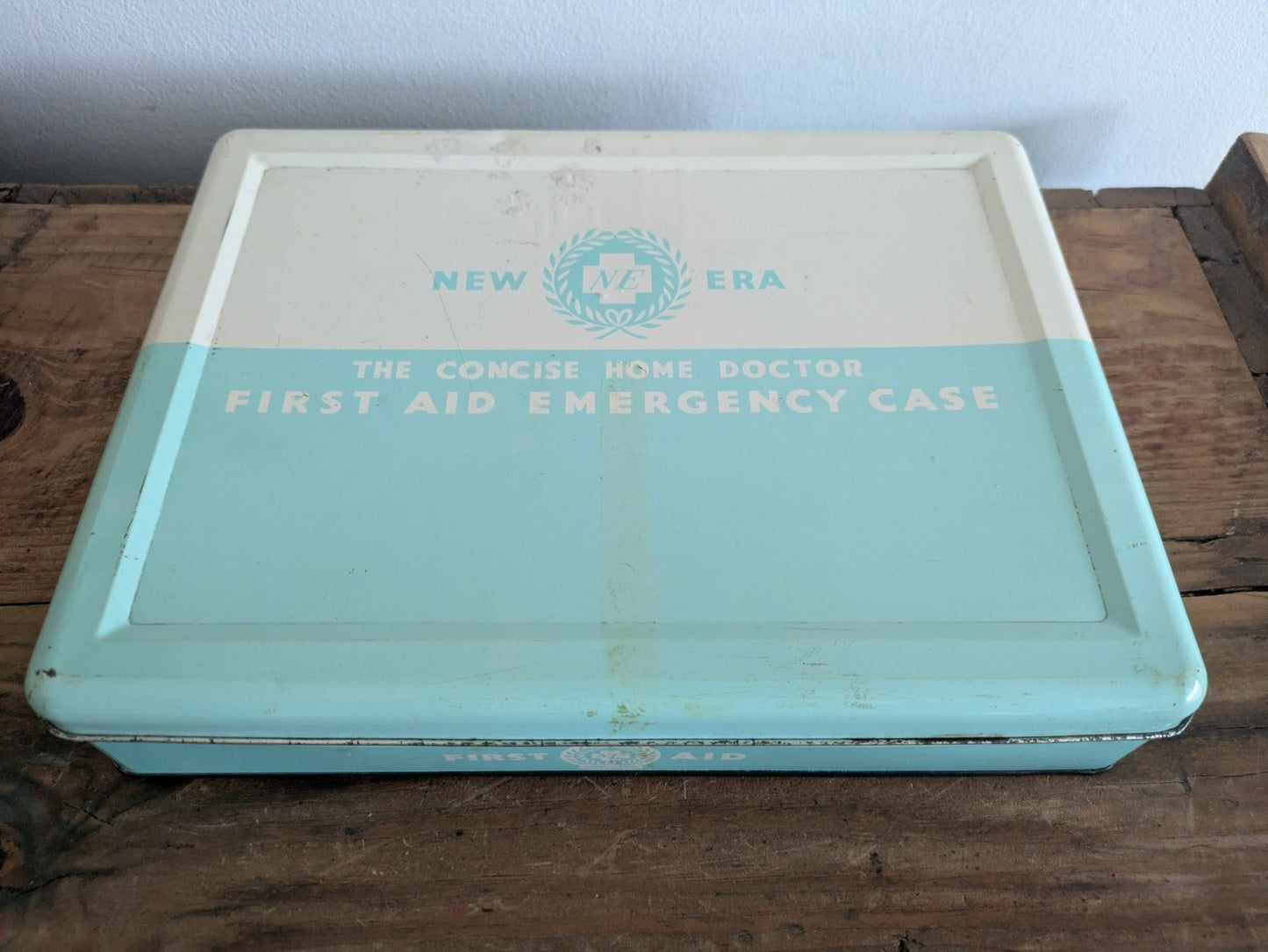 Vintage New Era First Aid Tin Metal Box Storage Prop Medical Retro Bathroom Old
