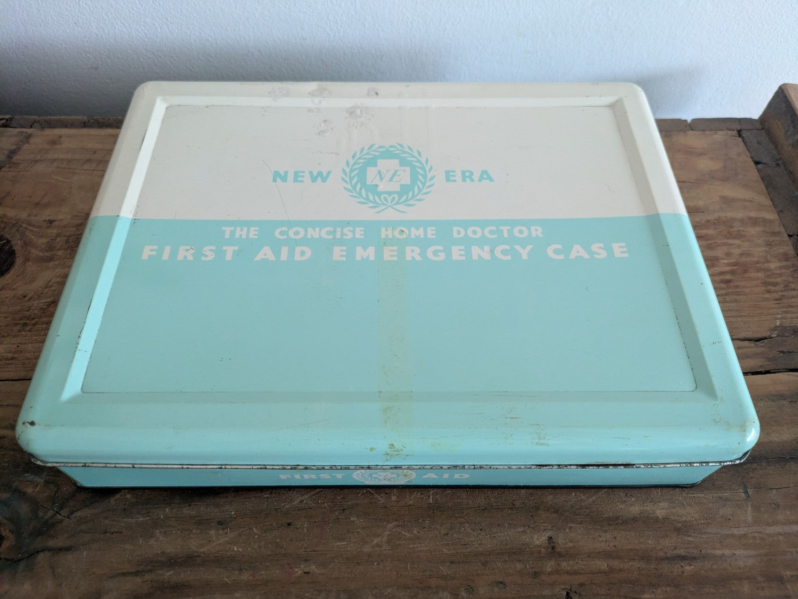 Vintage New Era First Aid Tin Metal Box Storage Prop Medical Retro Bathroom Old