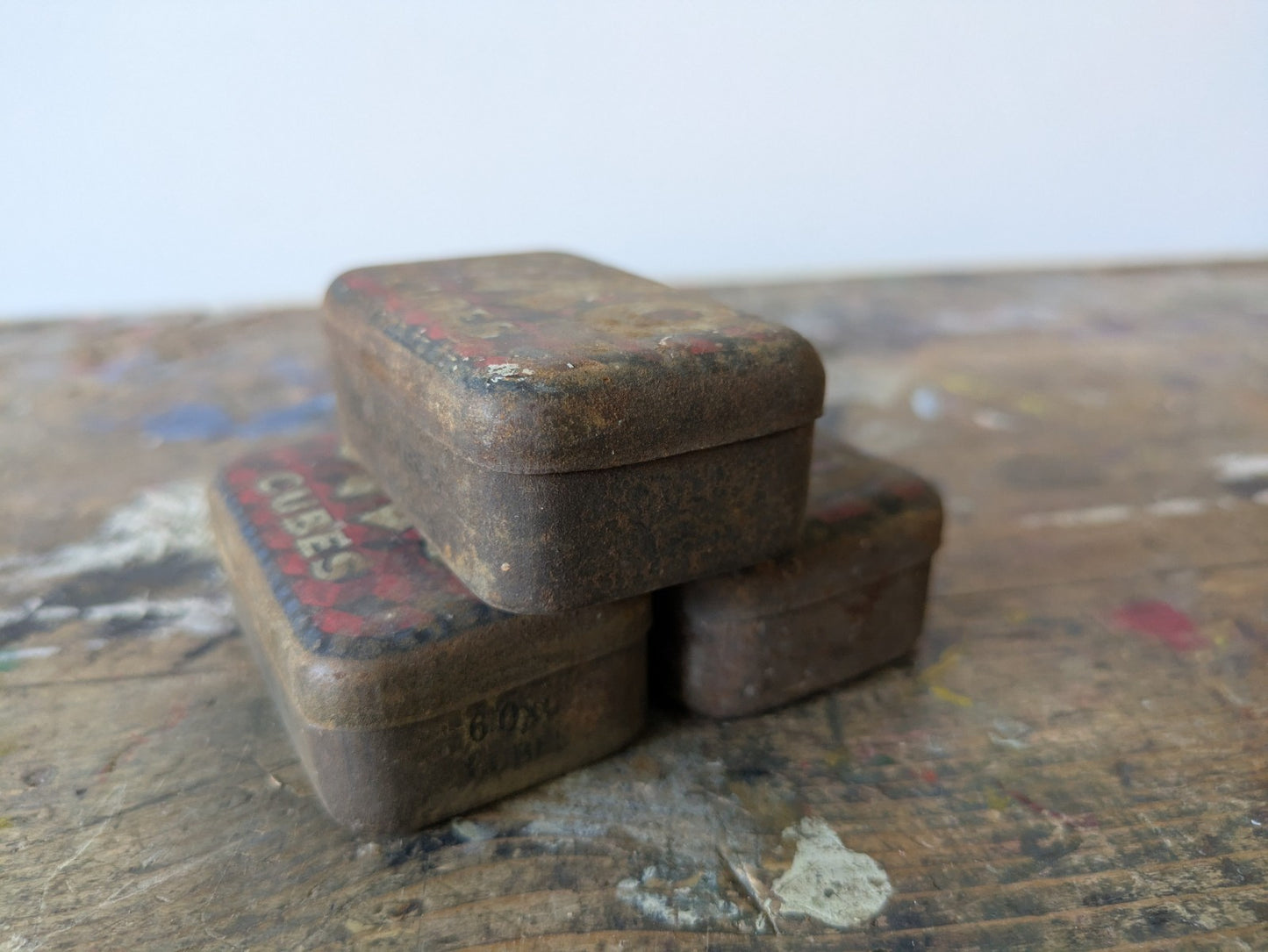 3x Vintage Miniature OXO Cubes Tins Small Rusty Kitchen Advertising Food Gravy 