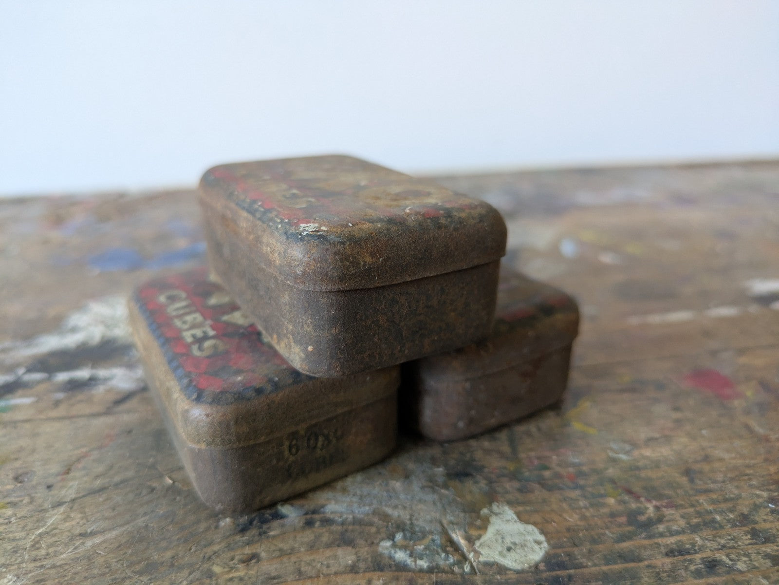 3x Vintage Miniature OXO Cubes Tins Small Rusty Kitchen Advertising Food Gravy 