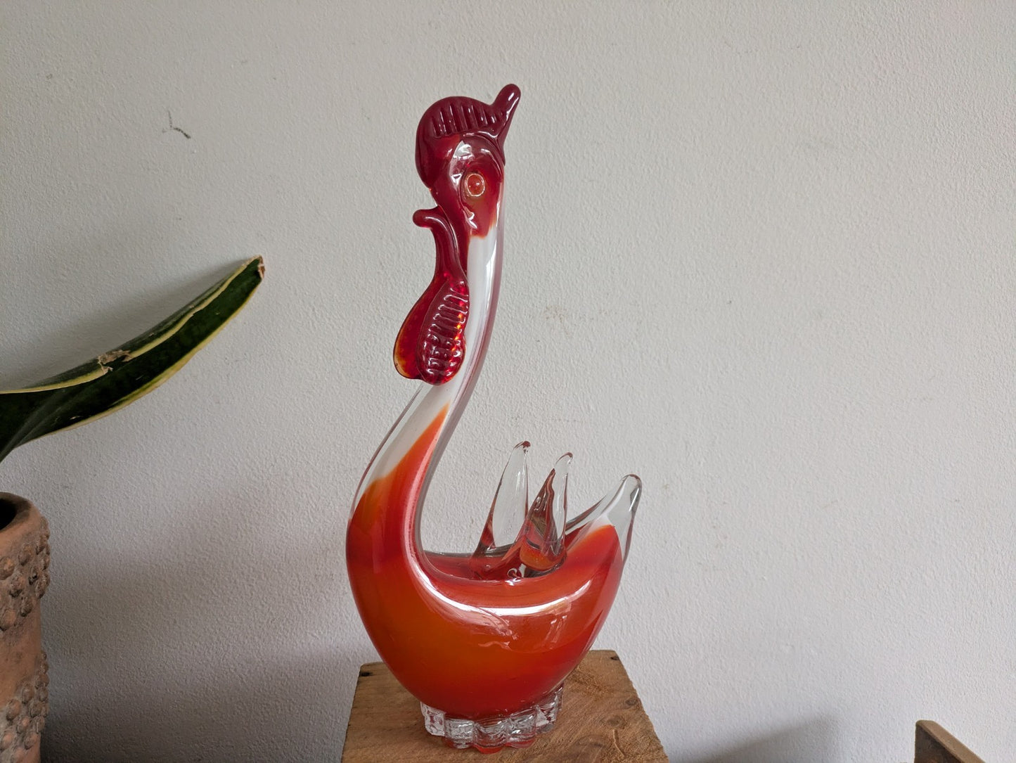 Murano Sommerso Art Glass Figure Red White Rooster Chicken Hen Bird Figure MCM