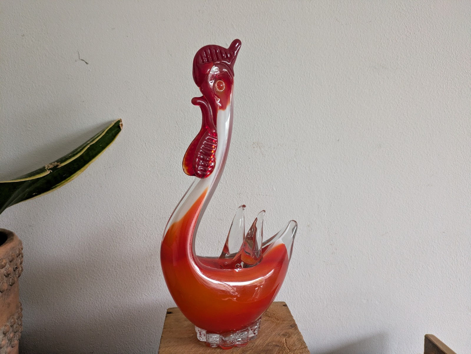 Murano Sommerso Art Glass Figure Red White Rooster Chicken Hen Bird Figure MCM