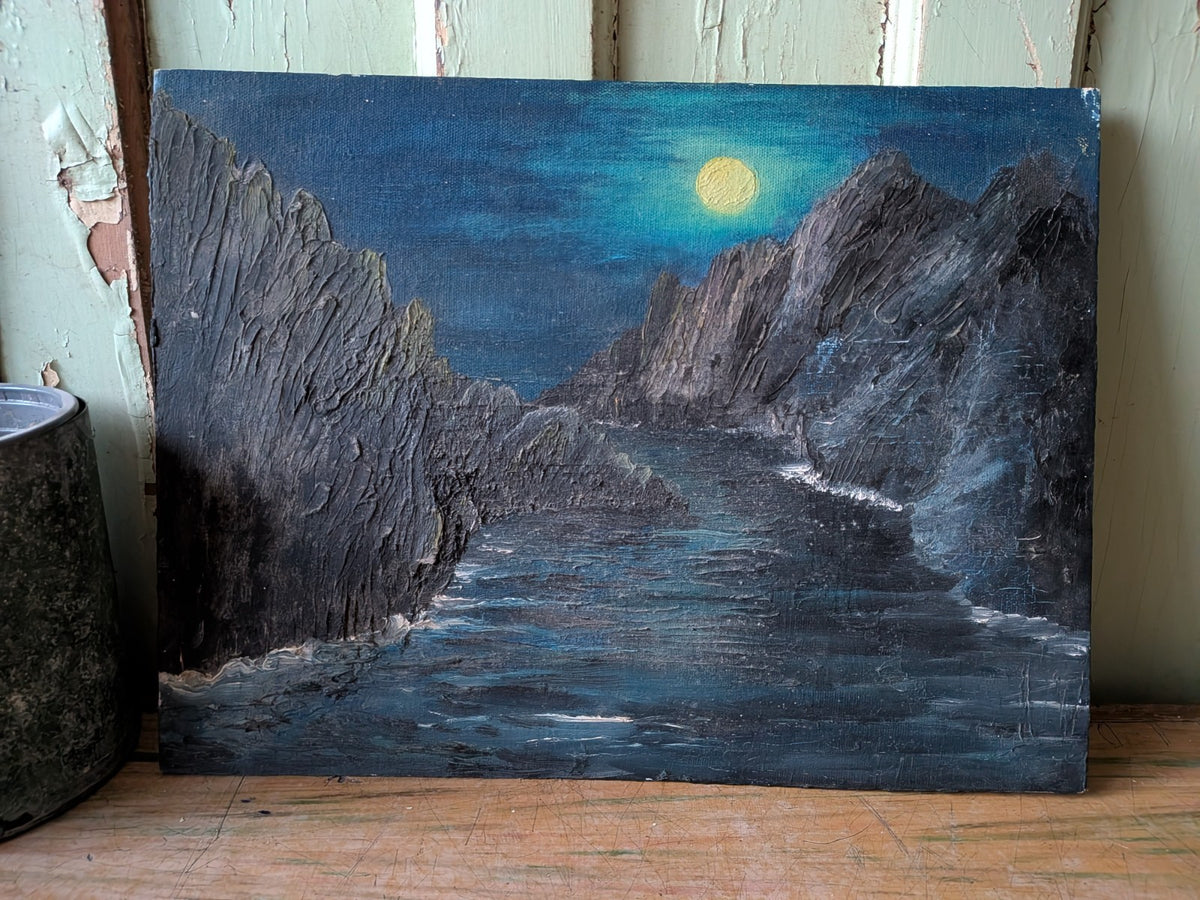 Vtg Painting Oil On Board Picture Landscape Seascape Moonlight Sea Shore Rocks 