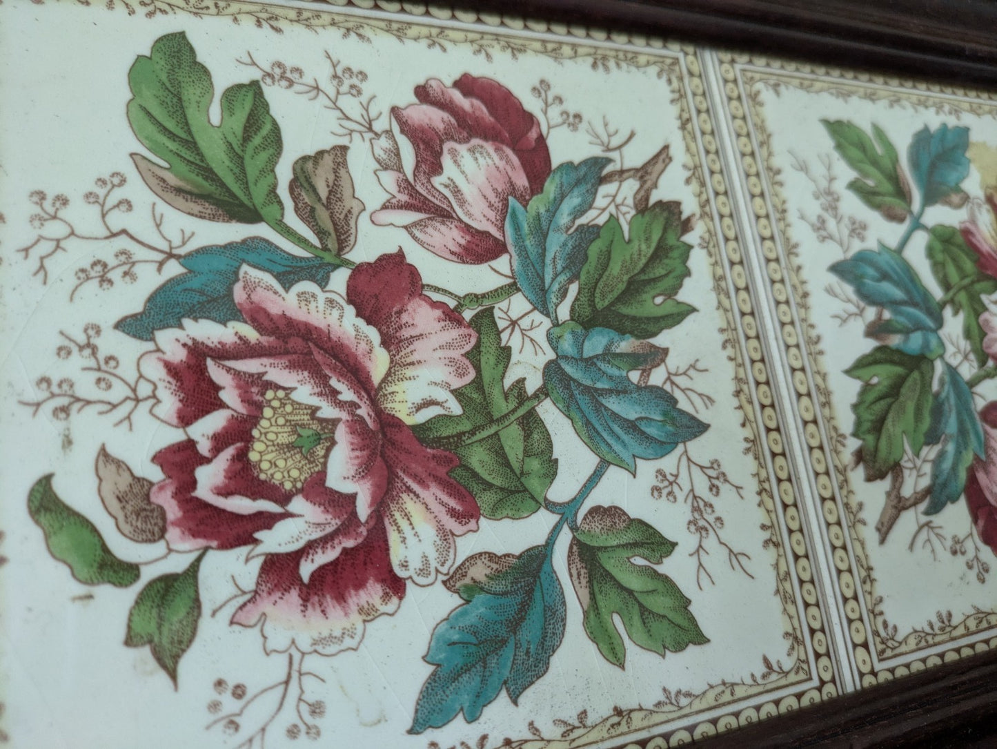 Vintage Tray Ceramic Rose Floral Tiles Wooden Frame & Brass Handles Serving Old