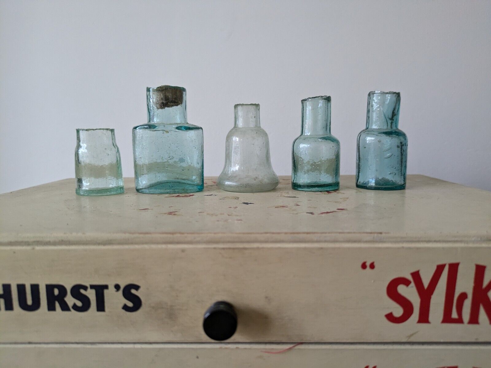 5x Antique Vintage Glass Bottles vase flower original apothecary ink old Teal