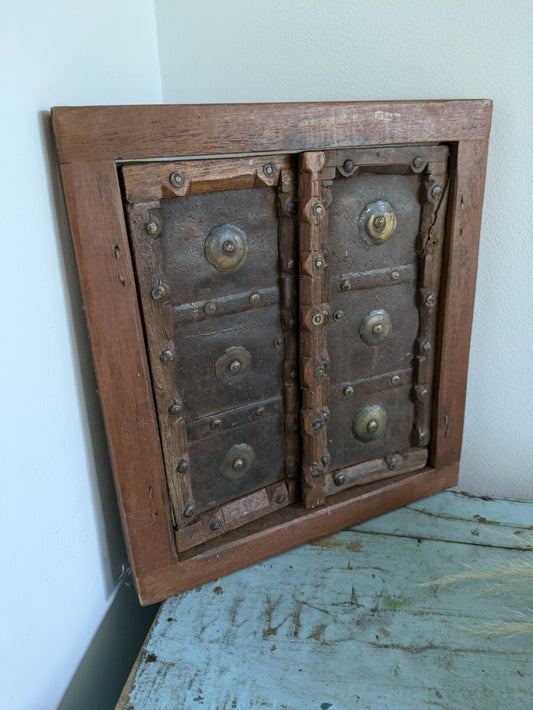 Vintage Primitive Original Old Brass Flower Decorated Wooden Window Rare Shutter