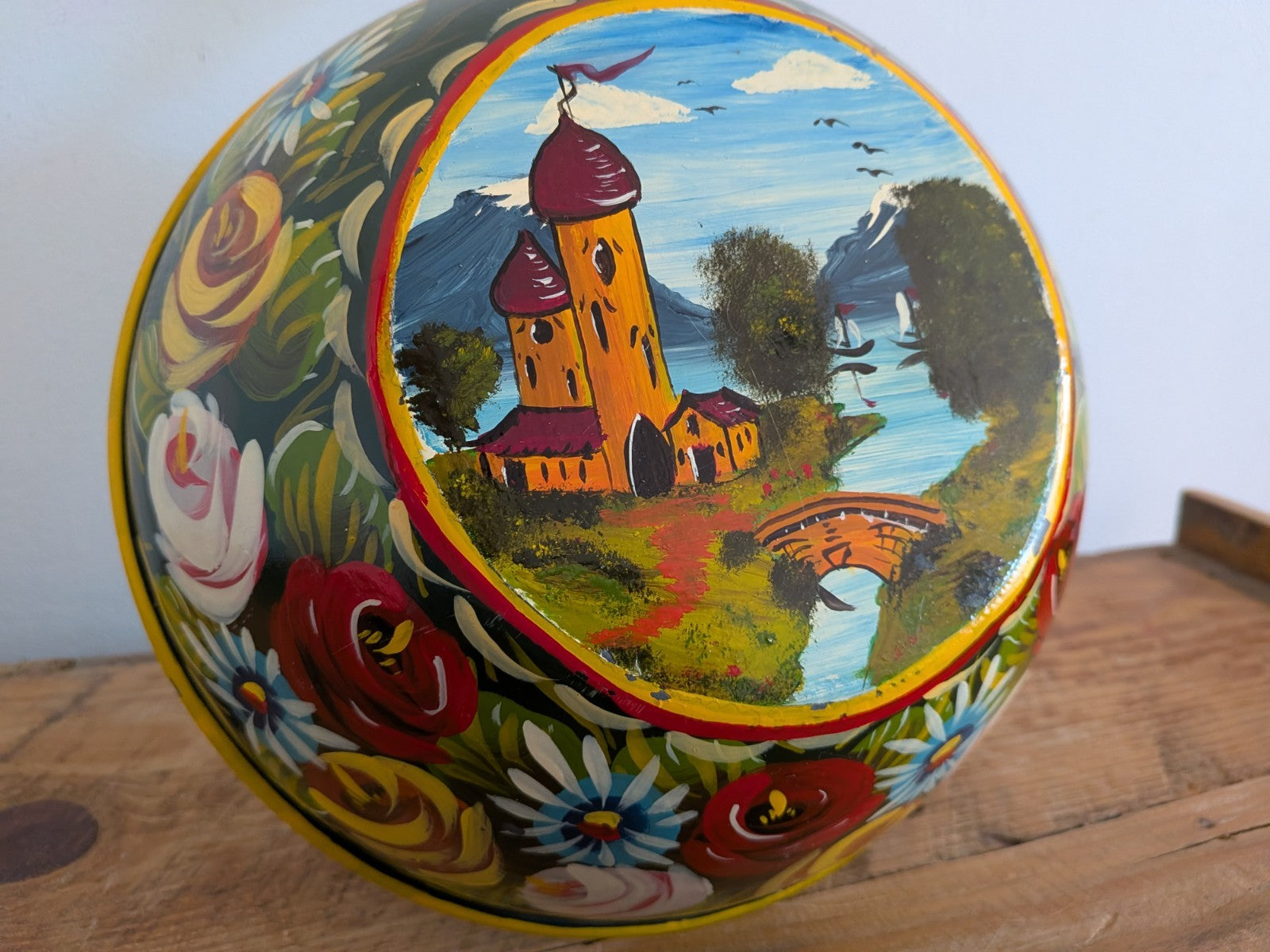 Vintage Floral Handpainted Bargeware Frying Pan Canal Boat Accessory Folk Art 