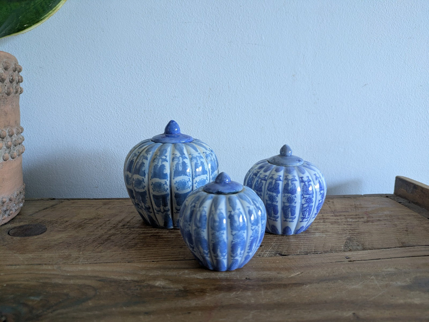 Set of 3 Chinoiserie Blue and White Porcelain Pumpkin-Shaped Ginger Jars Trio 